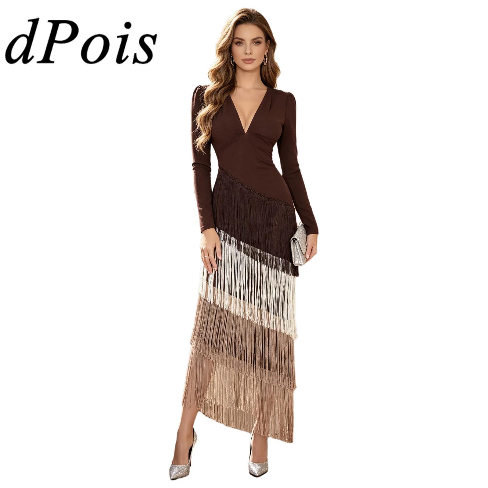 Robe moulante à franges et volants pour femme, col en V profond, manches longues, idéale pour soirée, demoiselle d'honneur ou cocktail