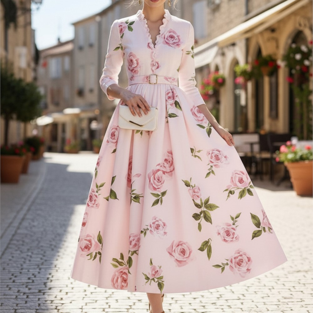 Robe longue élégante et romantique, décontractée, imprimée, taille haute, à la mode, à manches longues, plissée, col en V, coupe trapèze