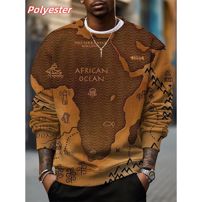 Sweat à capuche motif océan africain pour hommes, pull imprimé carte africaine en 3D, manches longues, col rond, ample, automne