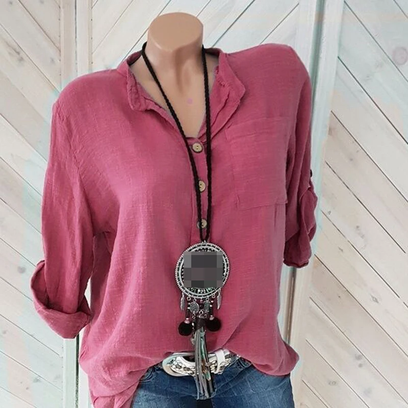 Chemisier en coton et lin pour femmes, chemises d'automne décontractées à manches longues, col en V, chemise ample, hauts pour dames, T-Shirts sur mesure