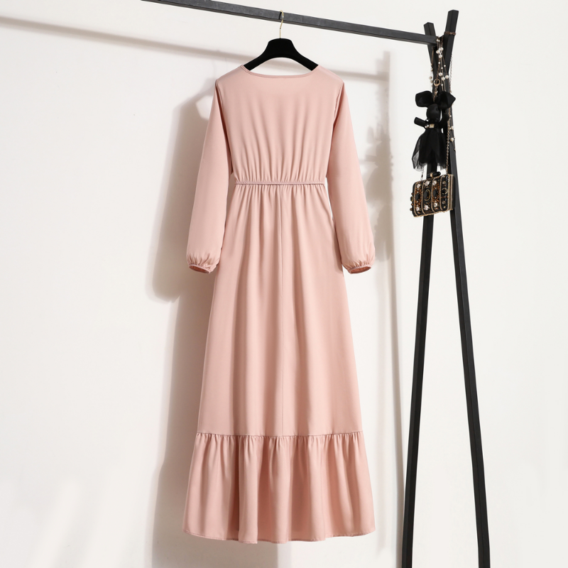 Femmes robe longue printemps automne Mujer robes solide manches longues col rond décontracté robes en mousseline de soie musulman solide robes Maxi en vrac