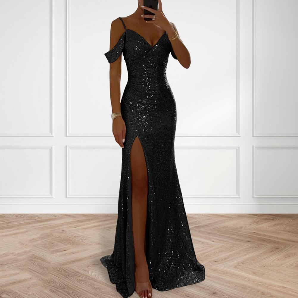 Robe à bretelles à paillettes pour femmes, Sexy, paillettes brillantes, épaules dénudées, col en V, fente latérale, robe de bal, robe de soirée de mariage, Maxi