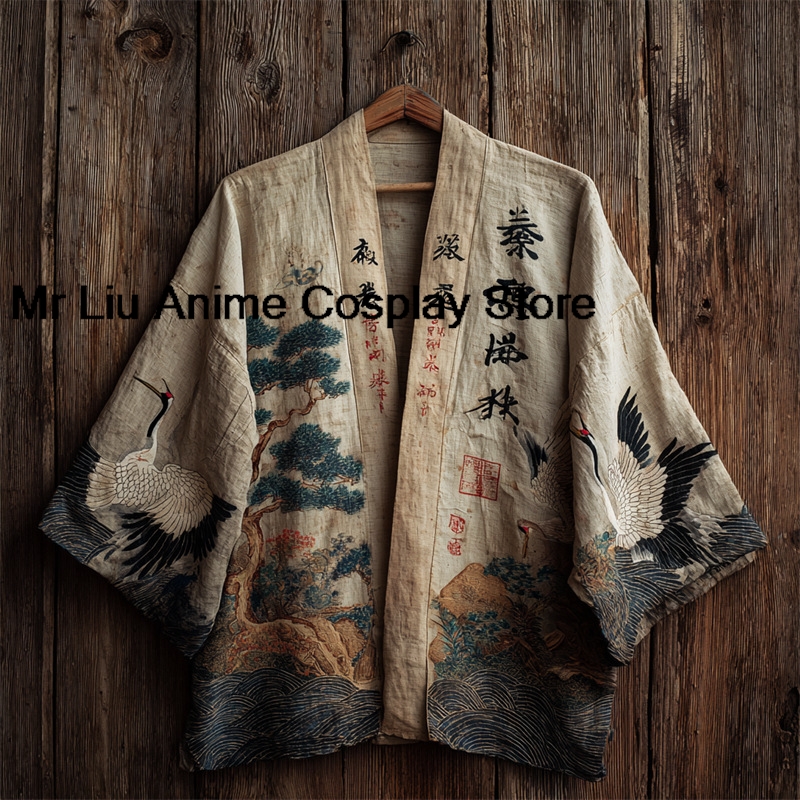 Cardigan Kimono Japonais Traditionnel 3D Yukata Haori Vintage Imprimé à Demi-Manches Costume de Cosplay Samouraï Chemise Ample pour Homme