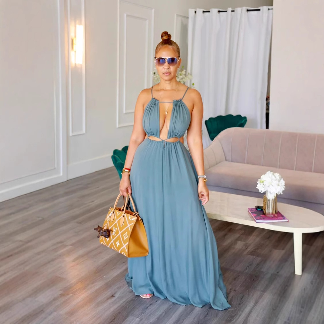 2025 femmes robe vacances d'été solide robes longues Sexy cordon à lacets sans manches robes Para Mujer Club tenues de fête