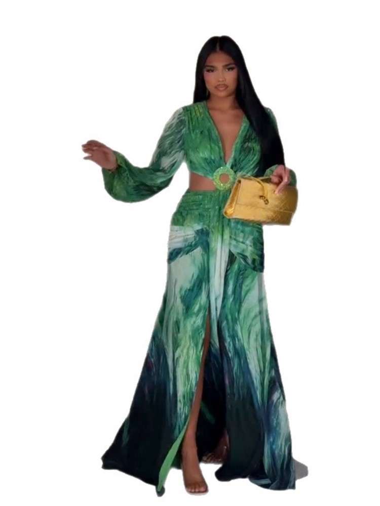 Robe femme 2025 mode été nouveaux robes Para Mujer femmes vacances Style élégant à manches longues fendu imprimé robes fendues