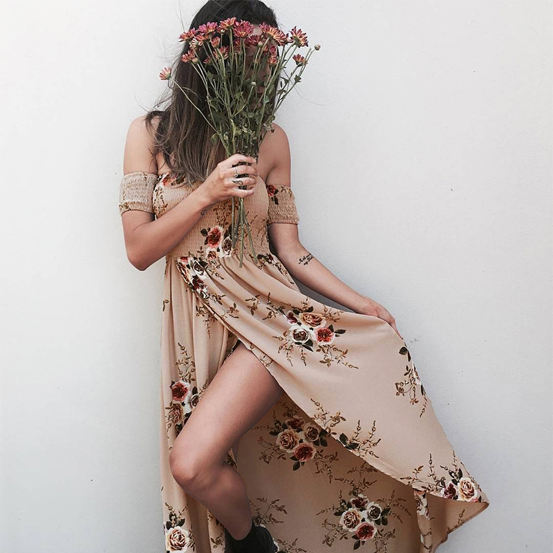 Boho style robe longue femmes épaules dénudées plage robes d'été imprimé fleuri Vintage en mousseline de soie blanc robe maxi vestidos de festa