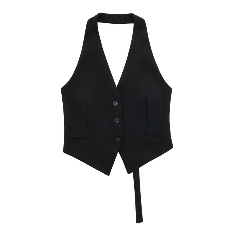 Gilet court sans manches pour femmes, épaules dénudées, dos nu, col en V, gilet court d'été, tenues quotidiennes, 2025