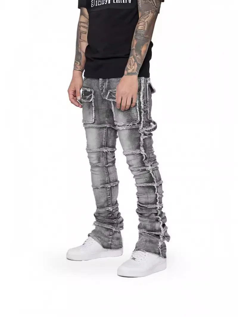 2025 nouveaux jeans pour hommes à la mode, vêtements de travail à la mode européenne et américaine avec patch, élastiques, laminés et légèrement évasés pour hommes
