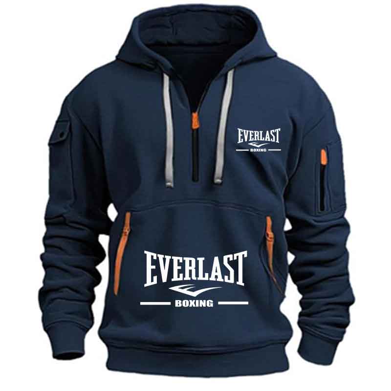 Sweat à capuche décontracté pour hommes, multi-poches, sport, manches longues, imprimé, chaud, demi-fermeture éclair, pull de Fitness, bon