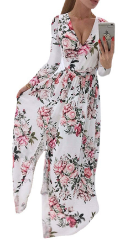 Robe bohème en mousseline de soie pour femme, manches longues, col en V, imprimé