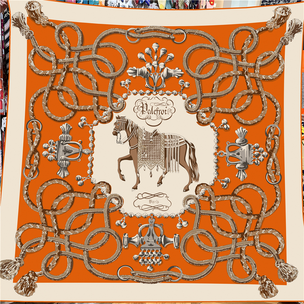 Foulard carré 135 cm en 30 % soie et 70 % cachemire pour femme, imprimé chaînes de chevaux, bords roulés à la main, grands hijabs, bandanas, écharpes et foulards féminins