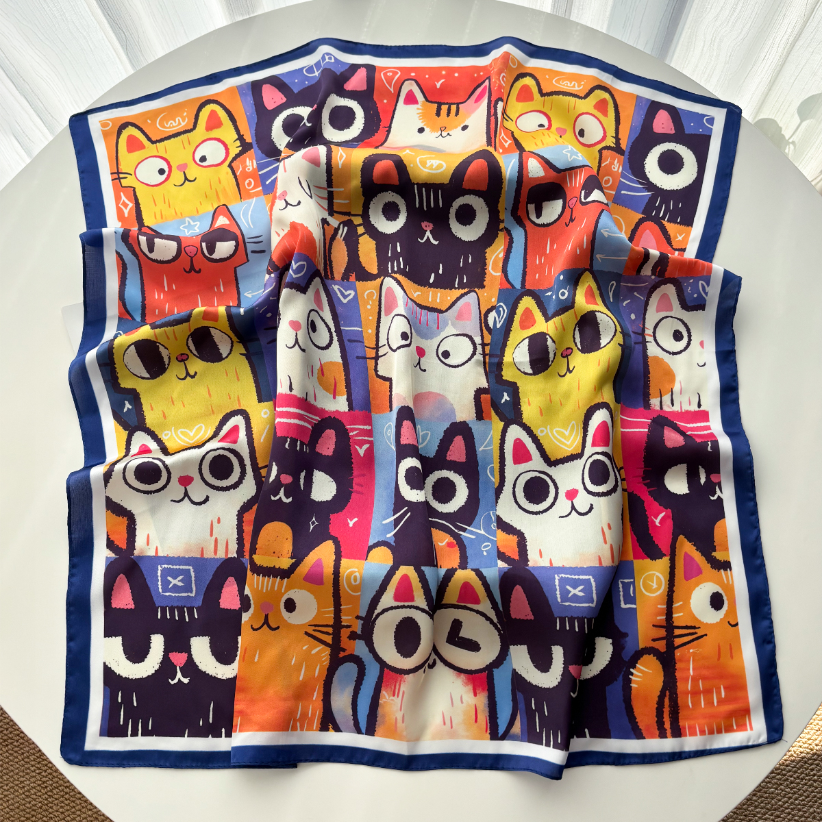 Foulard carré Imitation soie pour femmes, imprimé Animal chat, accessoires de mode, bandeau Foualrd Bandana