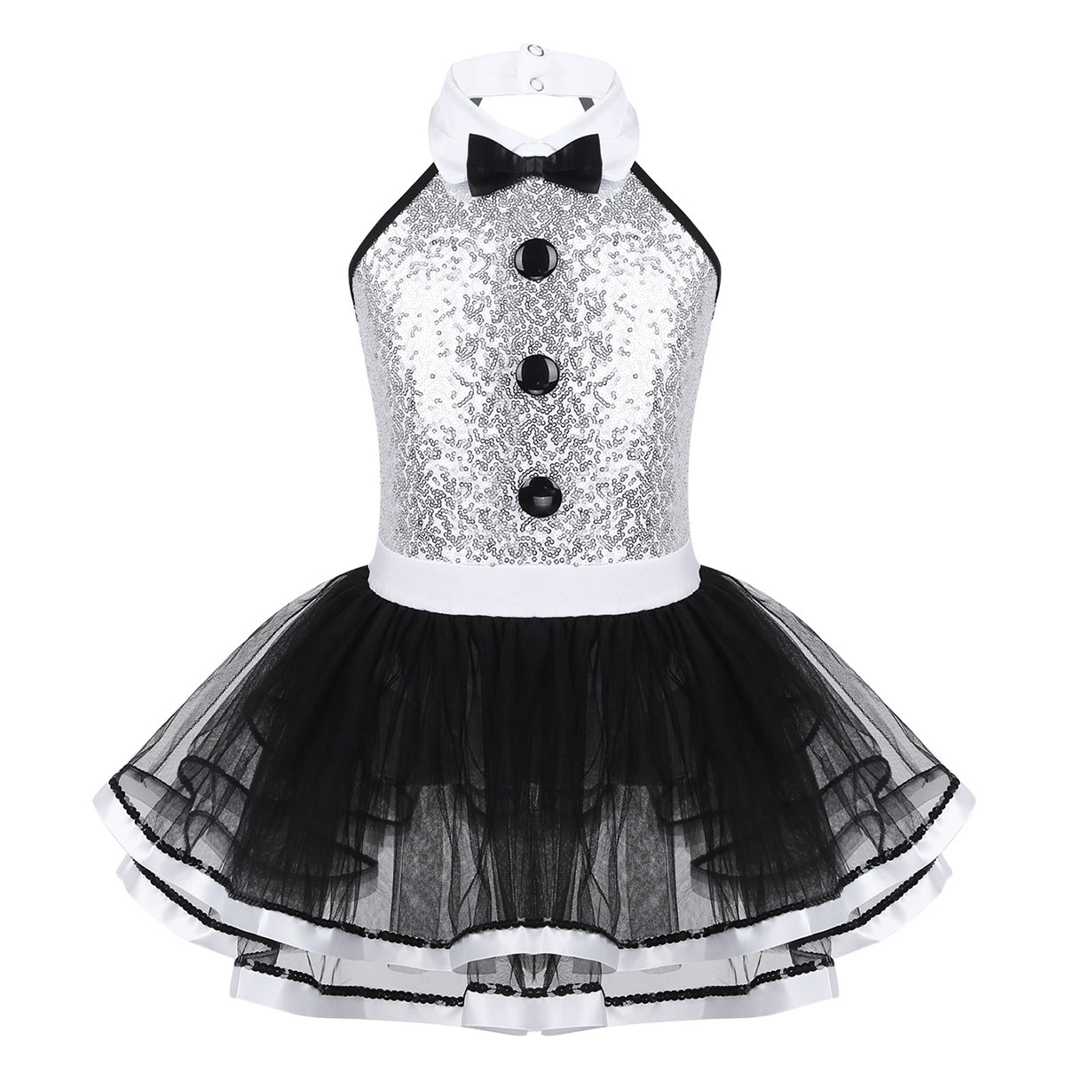 Robe Tutu de Ballet de smoking avec nœud papillon pour enfants filles, tenue de bal féerique, col licou, justaucorps à paillettes, Costume de danse moderne de Jazz latin