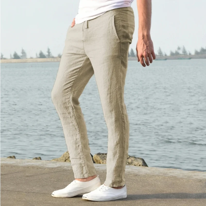 Pantalon de plage en coton et lin pour hommes, respirant, couleur unie, pour vacances, Fitness, Streetwear, printemps, été, automne