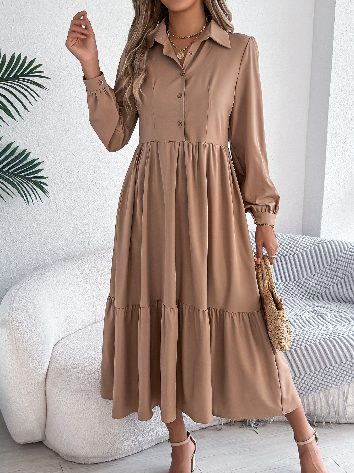 Robe décontractée pour femme à col rabattu et manches longues, idéale pour les vacances, printemps-automne, coloris kaki, vert, bleu, rouge