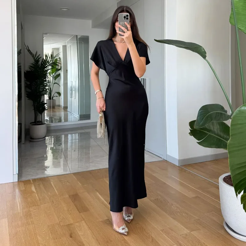 Robe longue en Satin plissée pour femmes, élégante, couleur unie, col en v, manches courtes, Robes de soirée, Chic, vacances, plage, été, 2025