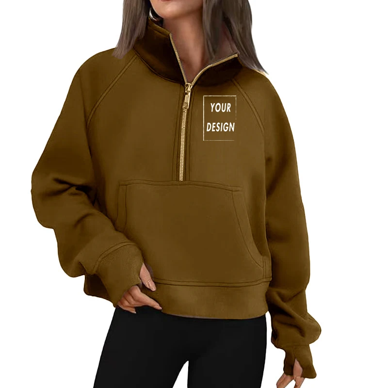 Sweat à capuche avec nom personnalisé pour femme : sweat à capuche, col haut, couleur unie, manches longues, coupe ample, design demi-fermeture éclair, avec casquette, haut