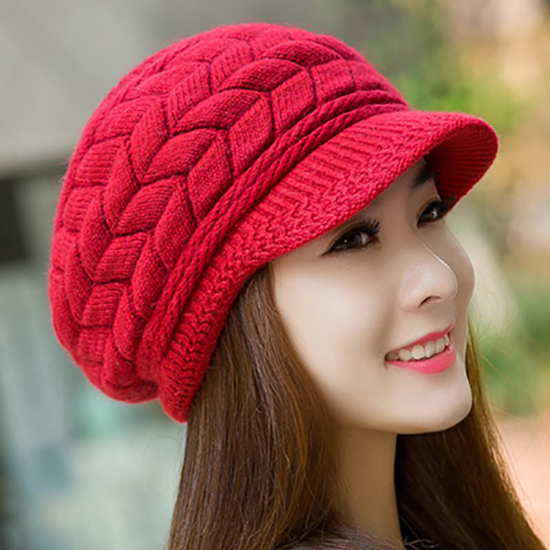 Chapeau tricoté chaud pour femme, Double couche, en velours, visière, décontracté, pour l'hiver