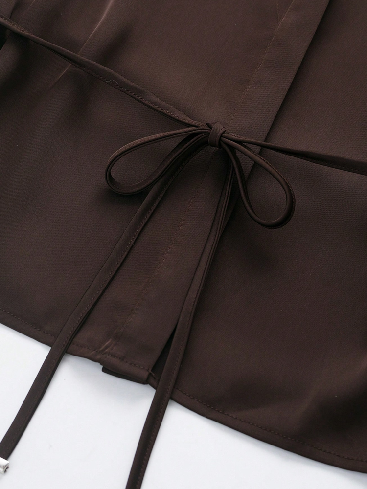 Chemisier en satin chic pour femme avec ceinture, manches longues, col à revers, chemise élégante, haut tendance
