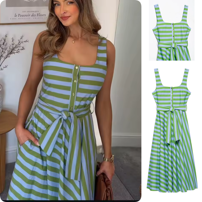 Robe midi chic pour femme, style été, avec ceinture, rayures, boutons sur le devant, fermeture éclair latérale, bretelles vintage, col carré, design élégant