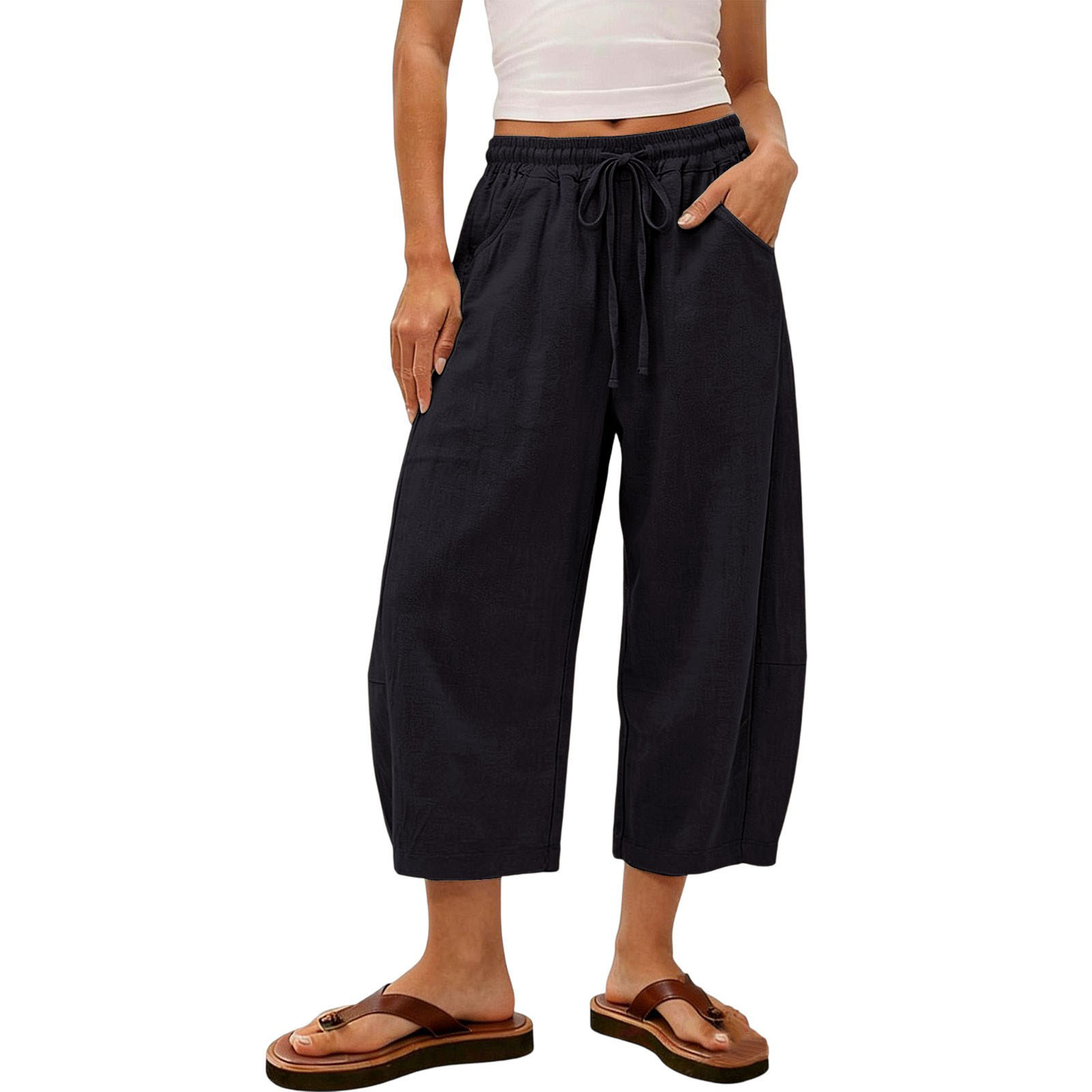 Pantalon Capri ample en coton et lin pour femme, coupe décontractée, taille haute, ourlet incurvé, style coréen, idéal pour le bureau, été