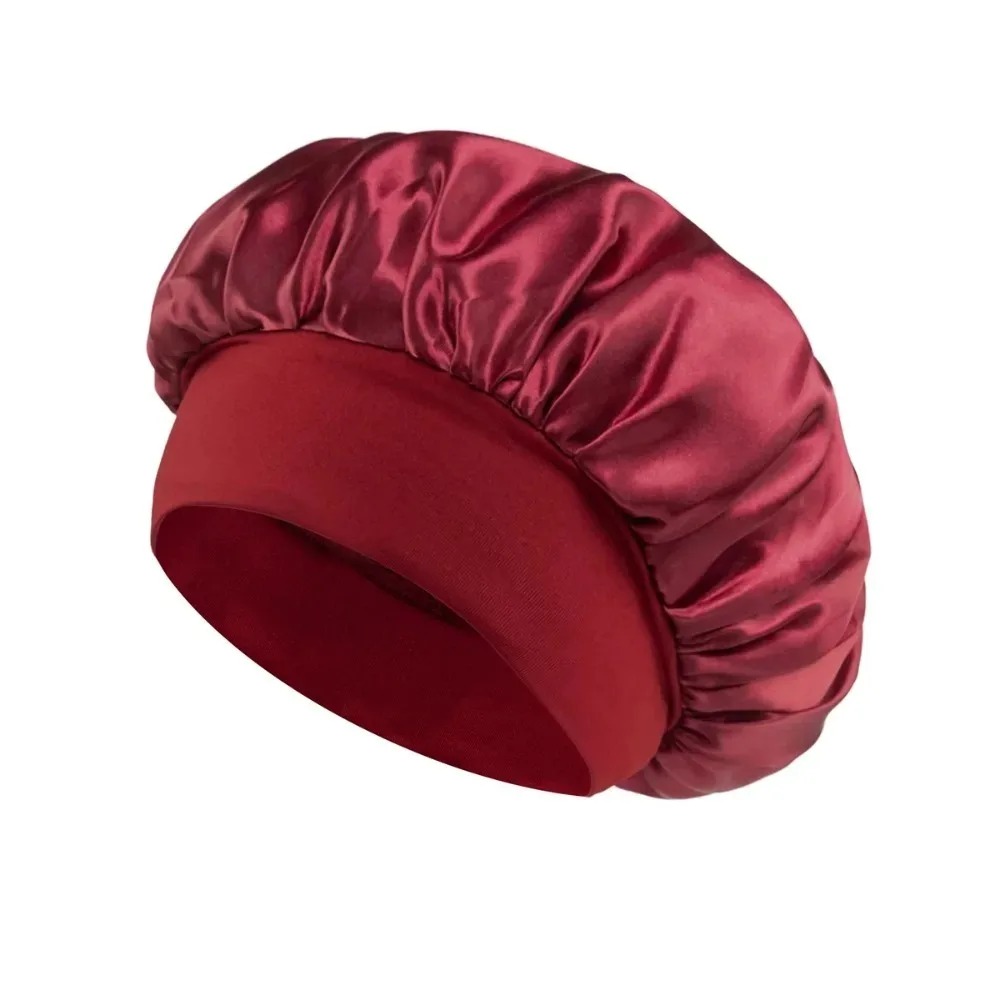 1 pièce Nouveau bonnet de nuit en soie et satin à large bord, avec bande élastique douce, pour femmes et hommes aux cheveux bouclés