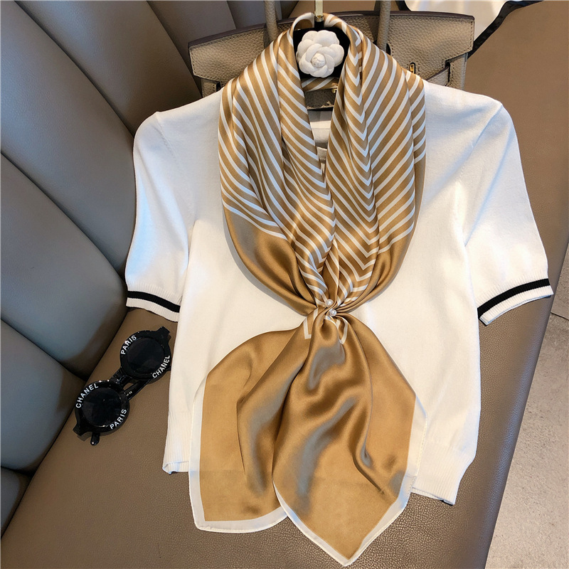 Foulard en soie imitation soie pour femme, grand châle enveloppant, écharpe carrée rayée, Bandana, 90x90cm