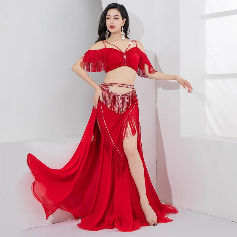 Costume de danse du ventre de groupe, jupe longue pour filles, vêtements d'entraînement à franges, écharpe triangulaire Shimmy, tenue de danse orientale pour femmes