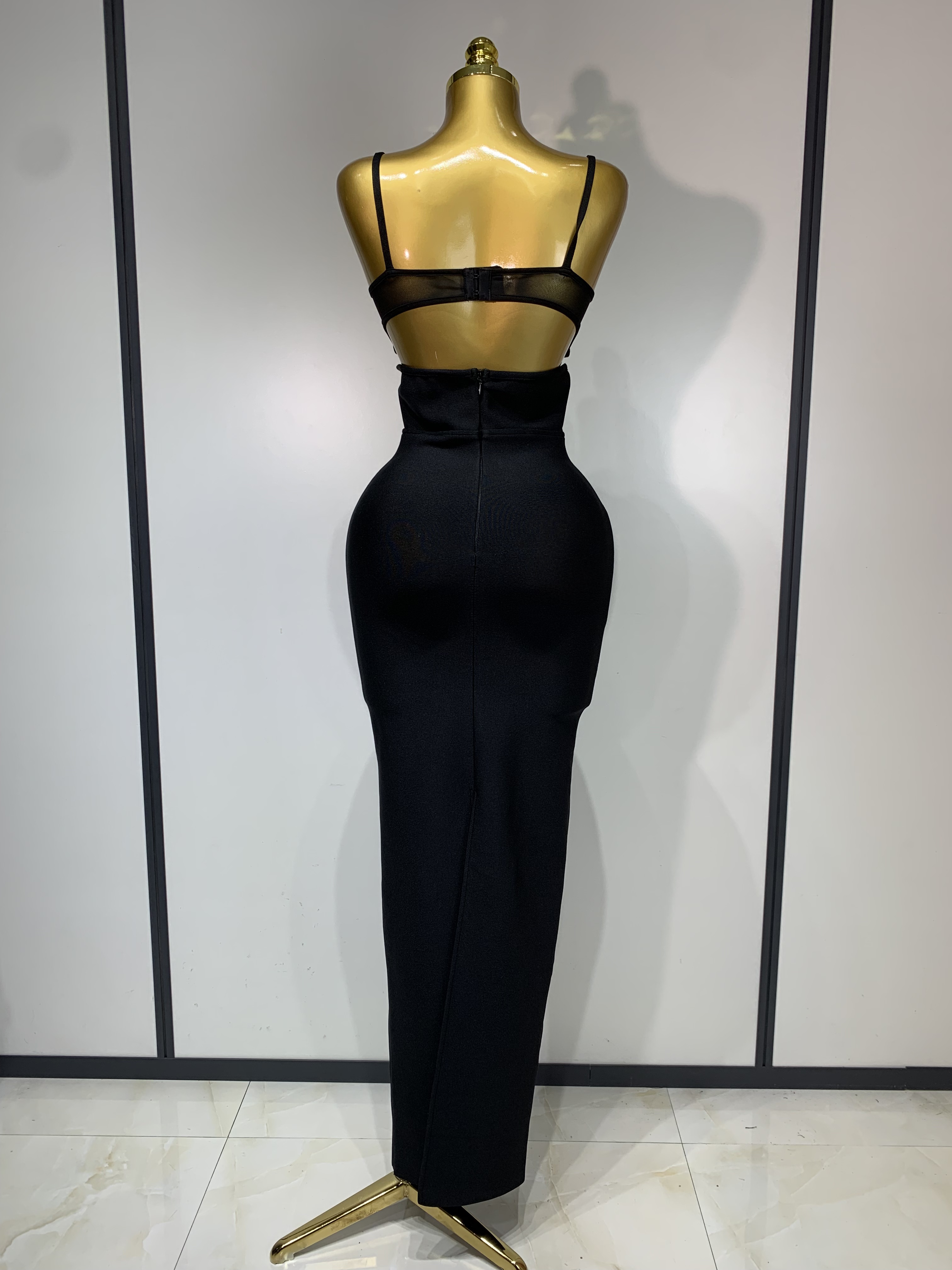 Mode noir Spaghetti sangle Maxi longue robe de pansement maille découpé élégant célébrité moulante soirée Club fête robes d'anniversaire