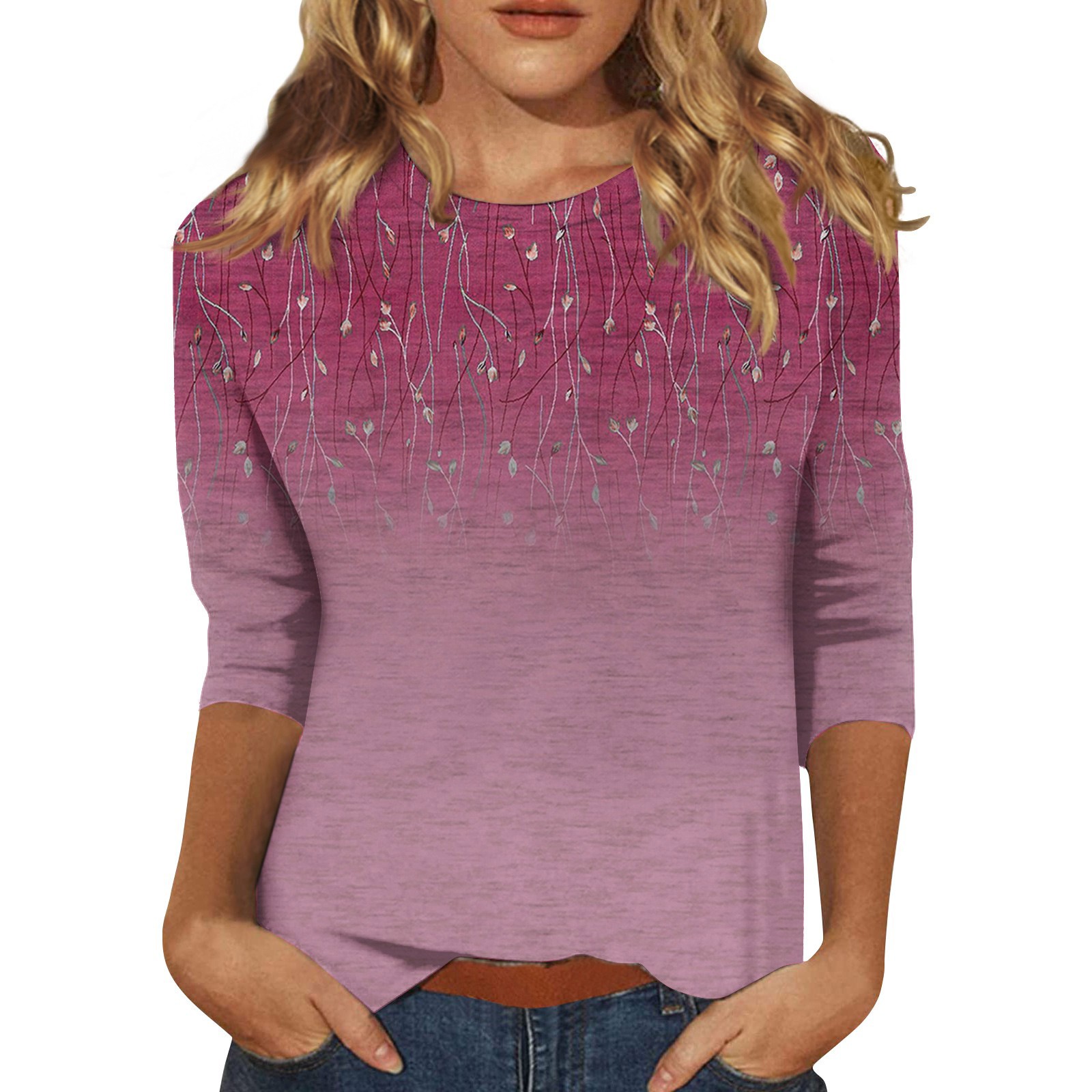 T-shirt à manches trois-quarts à col rond pour femmes, chemisier décontracté, haut imprimé, mode pour dames, été, 2024