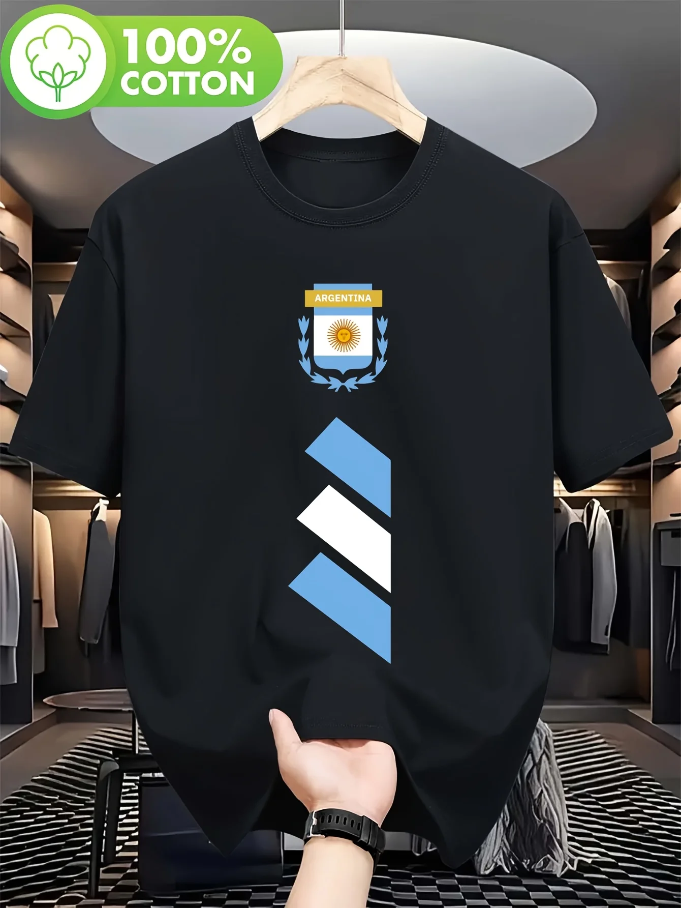 T-shirt Homme 100% Coton Style Fan de Sport, Bleu Blanc Argentine, Emblème Chevron Imprimé sur le Devant, Doux pour la Peau, Coupe Oversize, Hauts Quotidiens