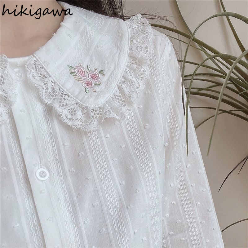 Chemises en coton avec broderie florale en dentelle pour femmes, chemisiers à col claudine, manches longues, vêtements doux, 2025