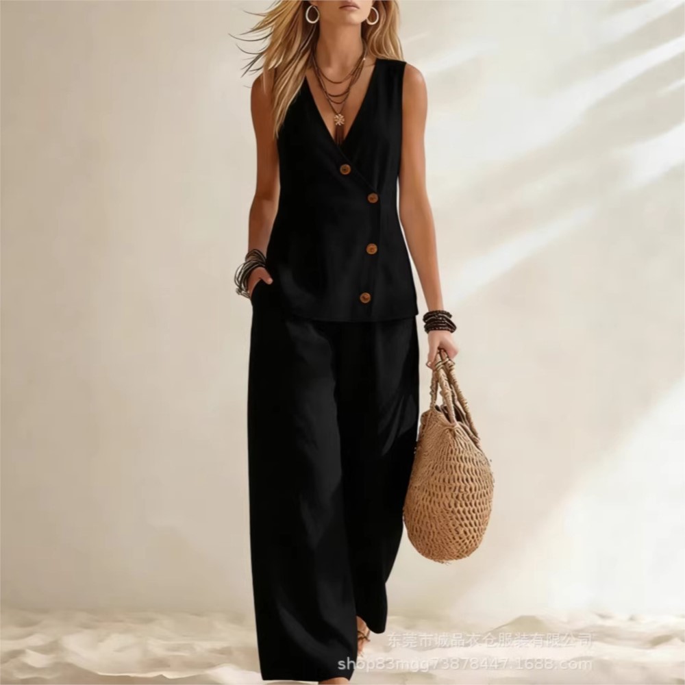 Ensemble 2 pièces mode pour femme : Gilet sans manches à col en V profond et pantalon large ample, idéal pour les vacances d'été