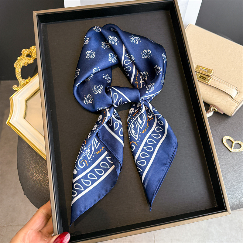 Foulard carré classique en soie bleue pour femme, imprimé cachemire, bandeau en satin, ruban pour sac à main, hijab, foulard de cou, bandeau pour la tête