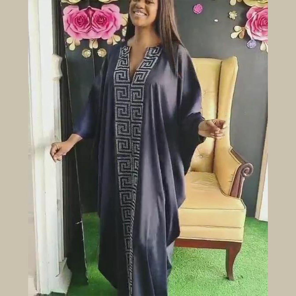 Robe de style africain pour femme grande taille, manches chauve-souris, style musulman islamique, imitation soie, strass thermocollés