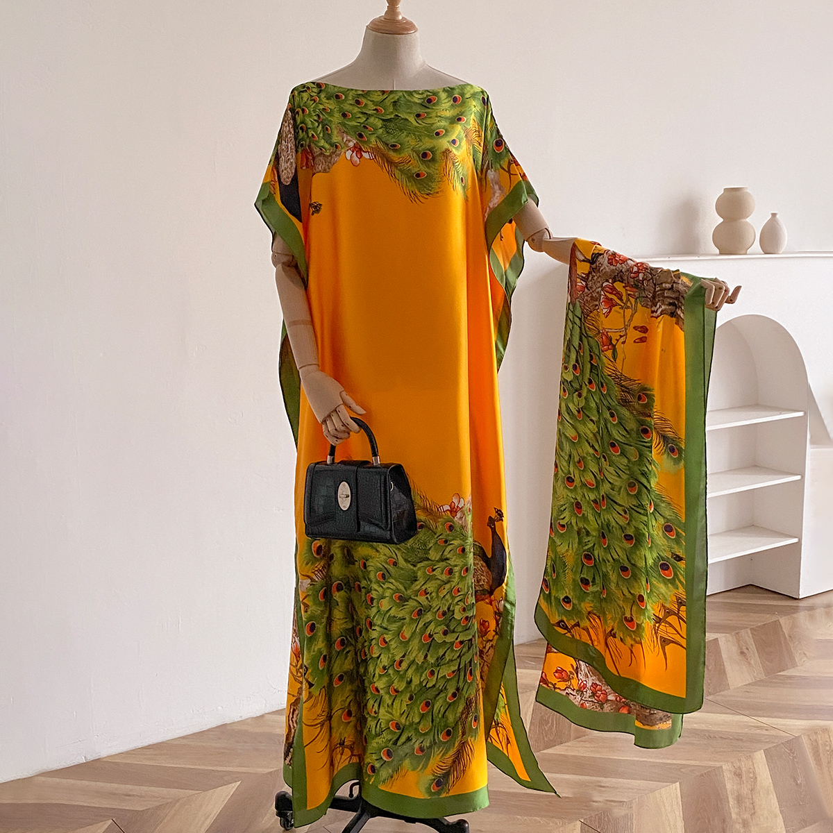 Robe Maxi Décontractée avec Grande Écharpe pour Femme, Kaftan Musulman, Africain, Châle Paon, Été, Dubaï, Turquie, Abaya, Nouvelle Mode