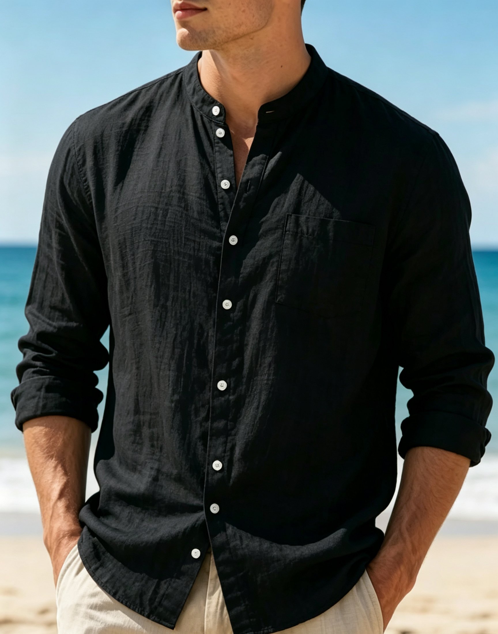 Chemise décontractée légère pour homme en coton et lin à col montant, manches longues, poche poitrine, boutonnée, style plage