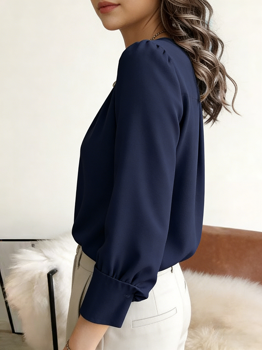 Chemisier plissé uni à col rond et manches longues pour femme – Élégant et décontracté, idéal printemps-été, pour le bureau ou les occasions légères