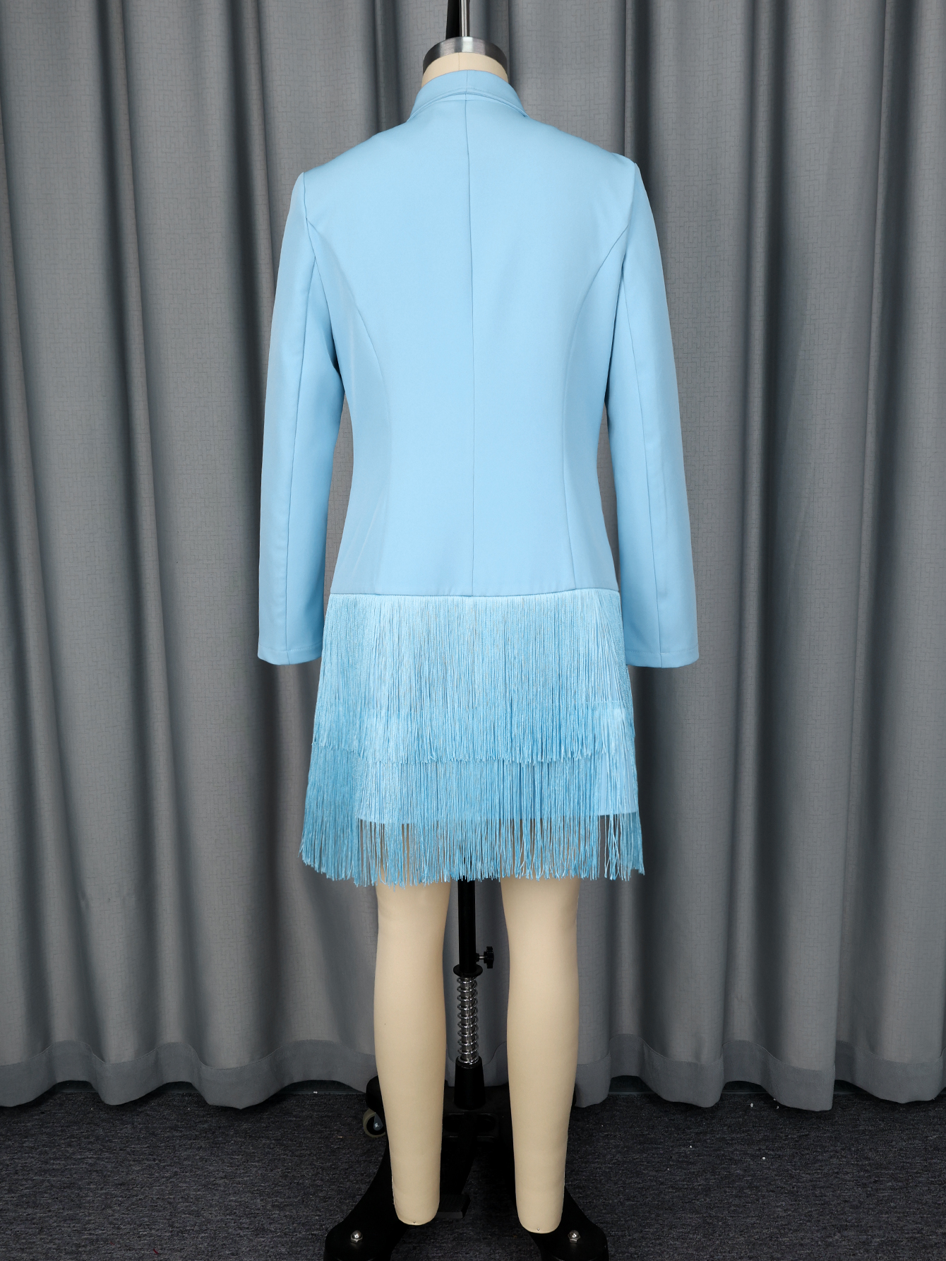 Robe Blazer Élégante à Franges Superposées pour Femme, Bleu Clair, Double Boutonnage, Manches Longues, Idéale pour le Travail, les Cocktails et les Soirées