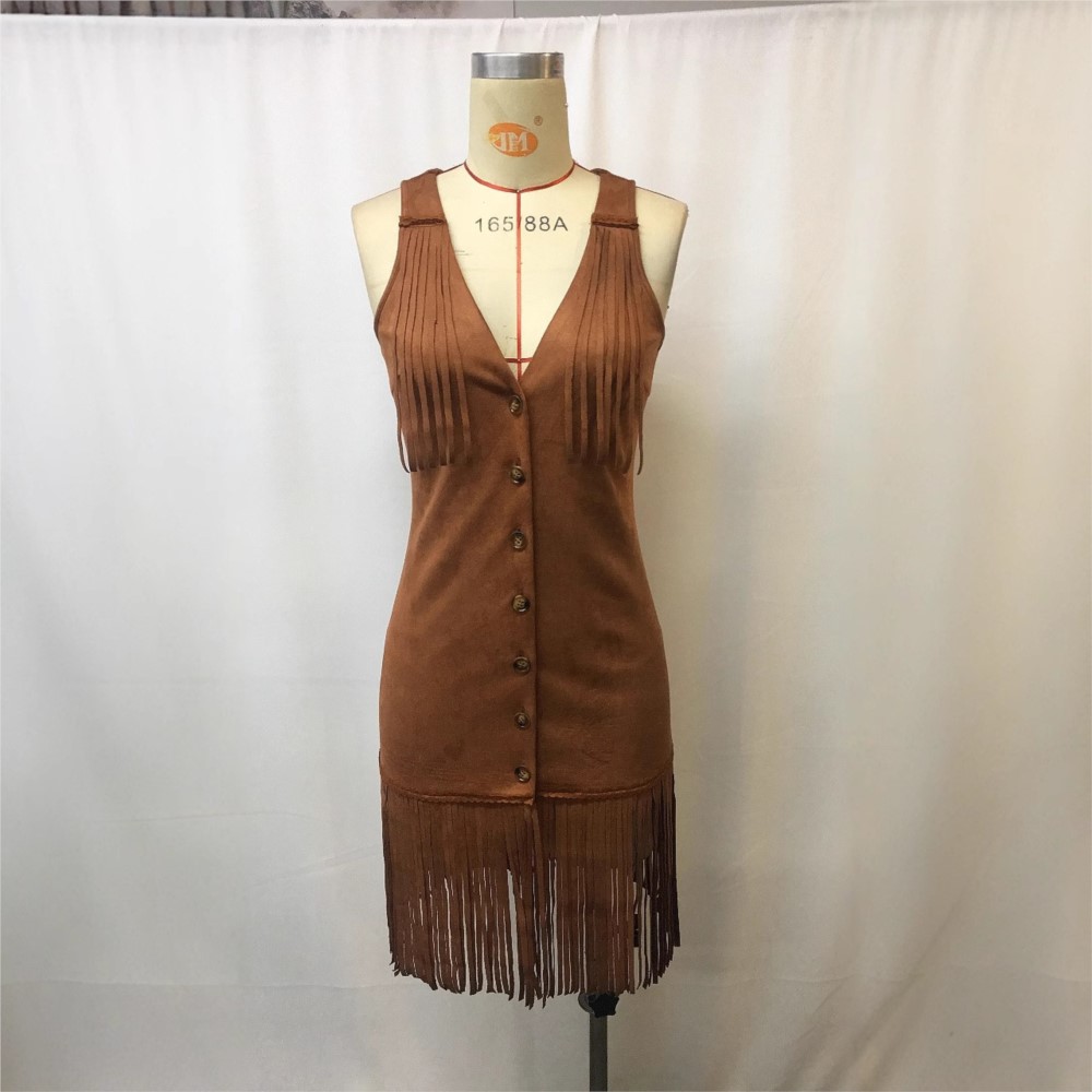 Robe à bretelles ajustée à franges, tendance personnalisée printemps-été, Vestidos, col en V, franges, simple boutonnage, taille mi-haute, robes courtes