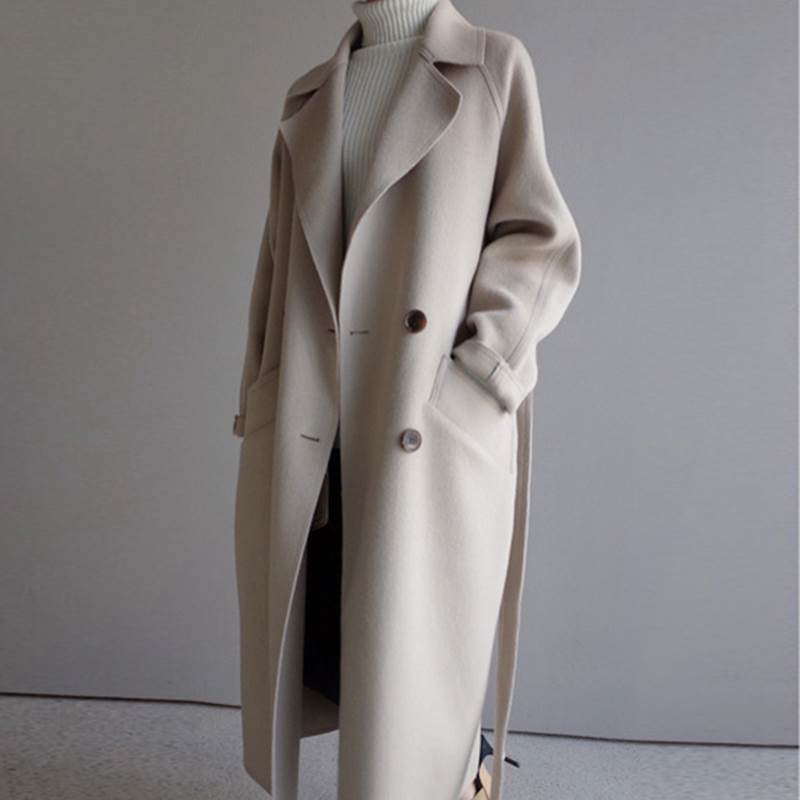 Manteau en laine pour femmes, nouvelle collection automne-printemps 2026, long, tendance, ample, longueur genou, cintré à la taille, en tweed, vêtements pour femmes.