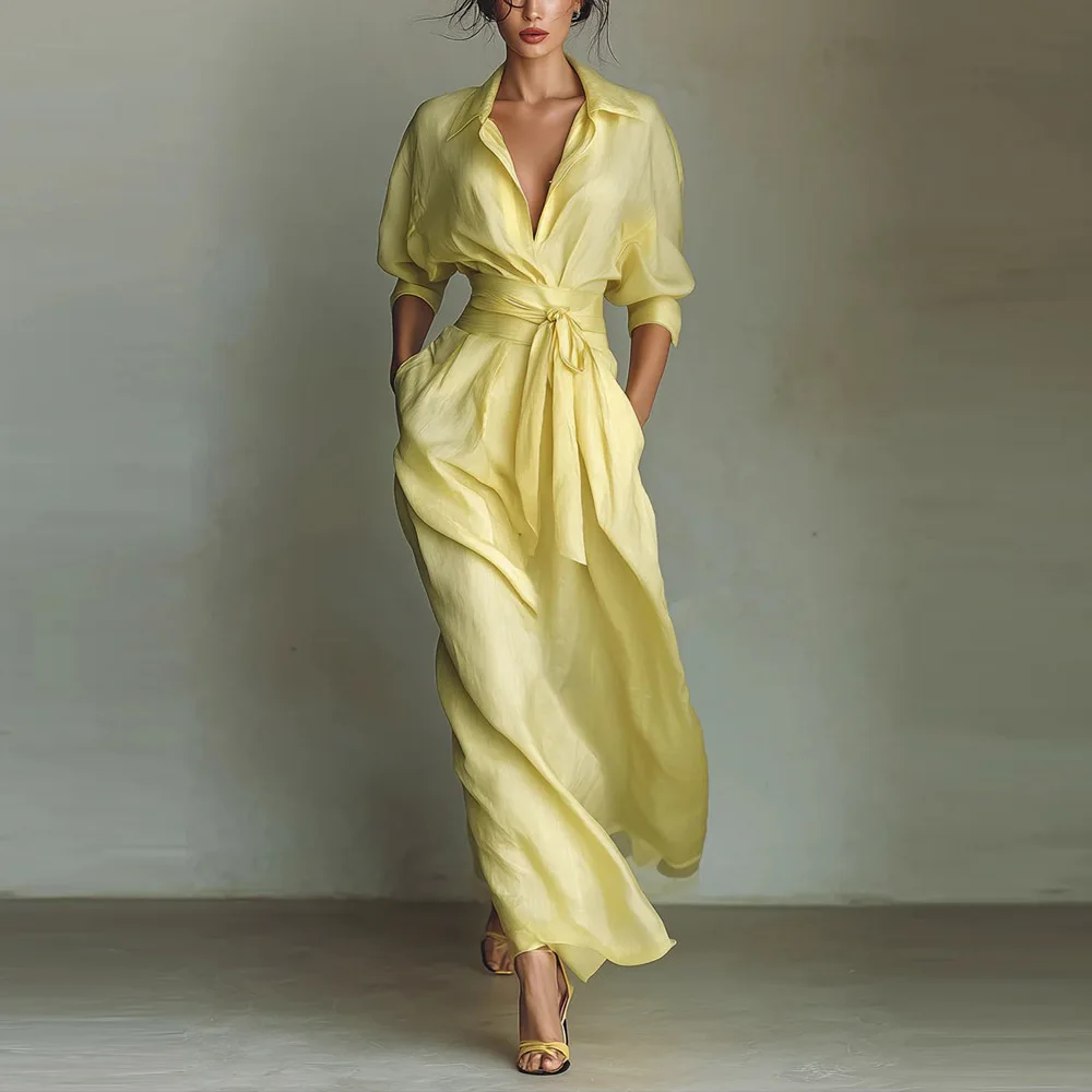 Nouvelle Robe Longue Bohème Élégante à Lacets Taille Haute pour Femme, Col Rabattu, Robe de Soirée Printemps, Manches 3/4, Poches, Robe Maxi de Vacances