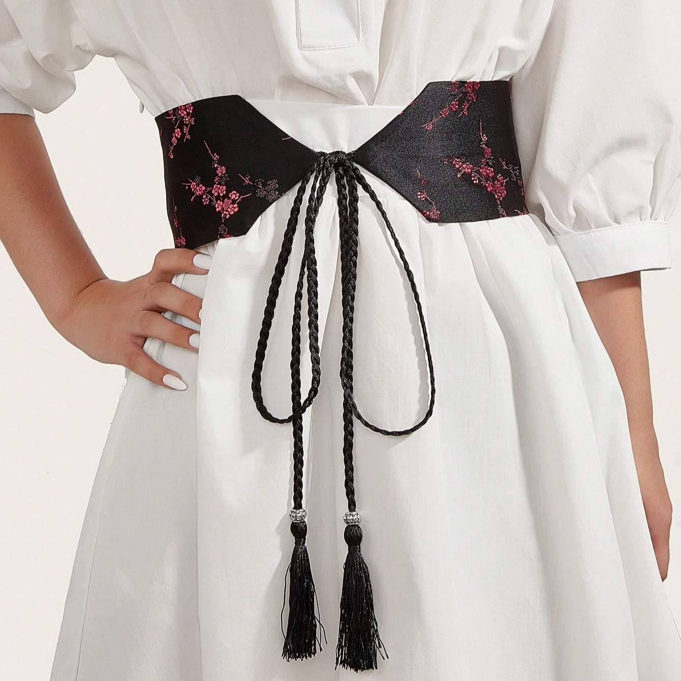 Ceinture large noire brodée vintage pour femmes, style Hanfu traditionnel, ceinture en tissu à nouer, adaptée aux robes et aux tenues décontractées