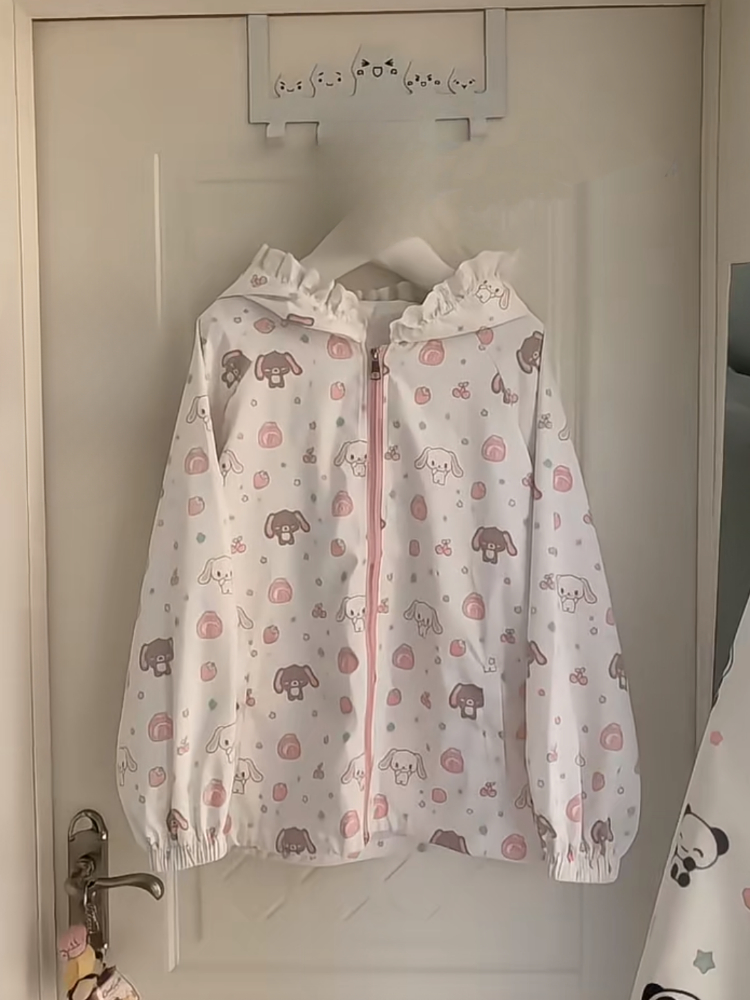 Vestes japonaises imprimées de dessins animés Kawaii, amples, Protection solaire décontractée Y2k, hauts en dentelle Patchwork, manteaux à capuche Preppy Grunge pour femmes