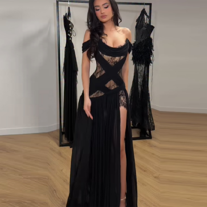 Robe longue élégante HG avec patchwork en dentelle, fente, sans bretelles, sexy, épaules dénudées, taille haute, nouvelle tendance, style gothique Y2K pour soirée