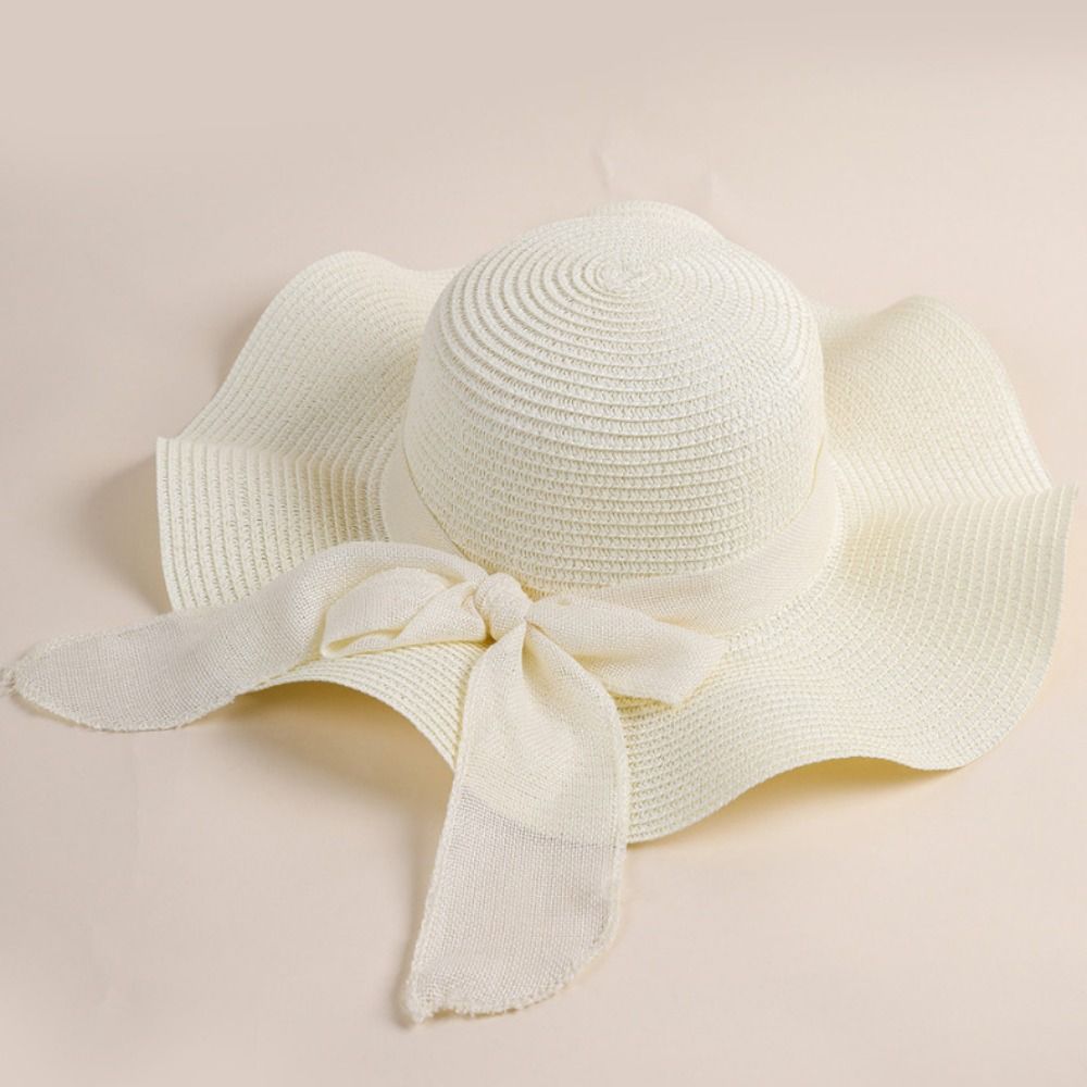 Chapeau de plage à large bord avec protection UV, rubans à nœud, chapeau de paille de voyage, casquette pare-soleil pliable portable, mode