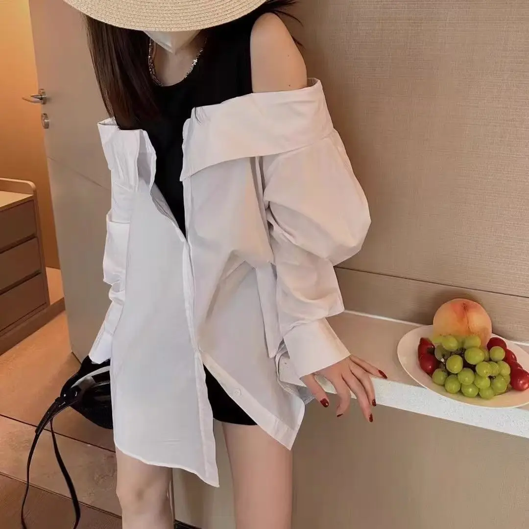 Mode coréenne chemisiers à épaules dénudées femmes mince réservoir ample épissé chemises à manches longues automne col rond femmes chemise Рубаrien Ж Dien Döncud