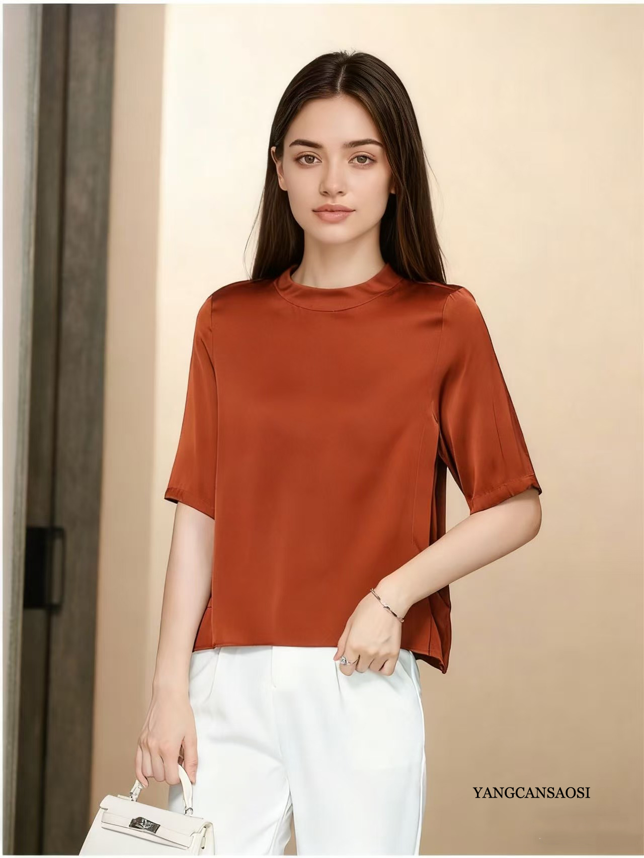 T-shirt à manches mi-longues en Satin élastique pour femmes, vêtements à la mode, haut de gamme, lourd, 91.4% soie de mûrier naturelle, couleur unie