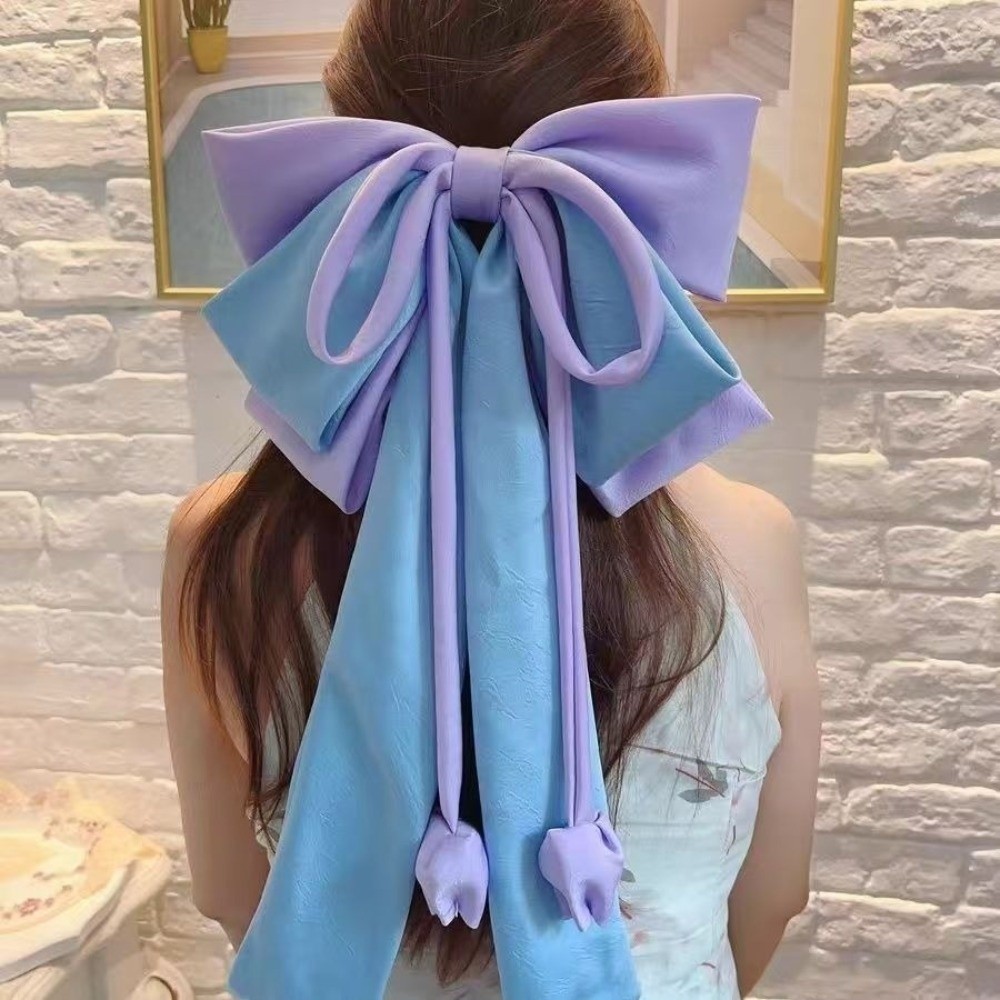 Pince à cheveux extra large tendance avec nœud coloré en satin multicouche, barrettes élégantes à long ruban, accessoires pour cheveux à clip printanier