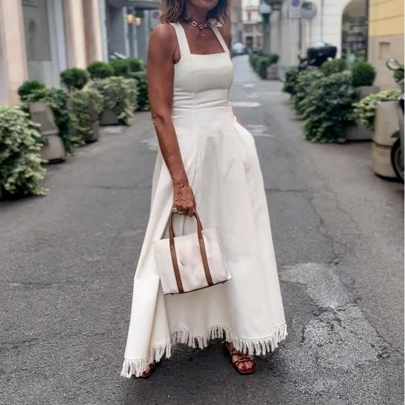 Robe longue d'été à Camisole blanche, décontractée, épaules dénudées, poches, coupe cintrée, élégante, pompon, Patchwork, taille haute, robes de soirée